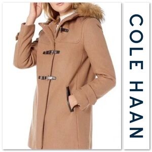 Cole Haan Tan Pea Coat with Hood and Wool Blend Fabric